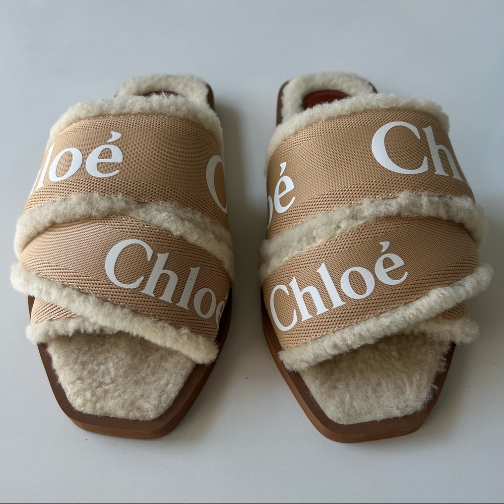 NWT Chloé Woody Shearling Slides in Soft Tan 39 EU - Picture 5 of 9
